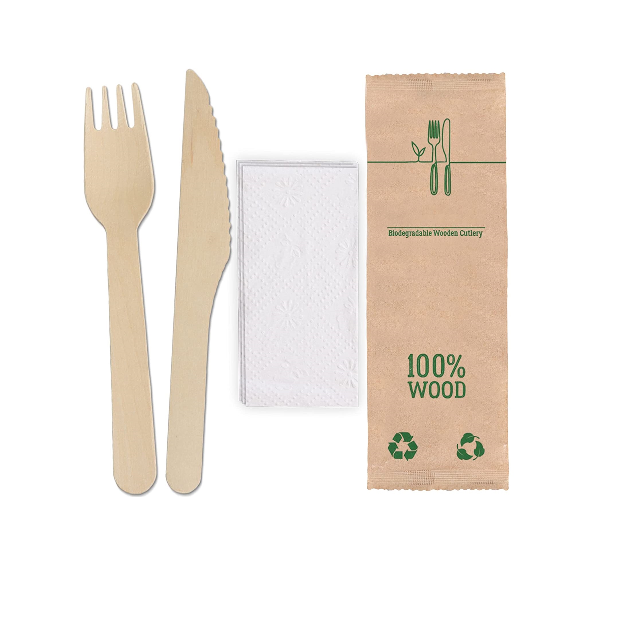 Disposable wooden cutlery set: Knife, fork & napkin in Kraft pack