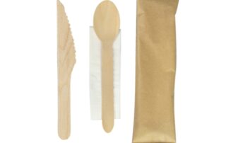 Disposable wooden cutlery set: Knife, fork & napkin in Kraft pack