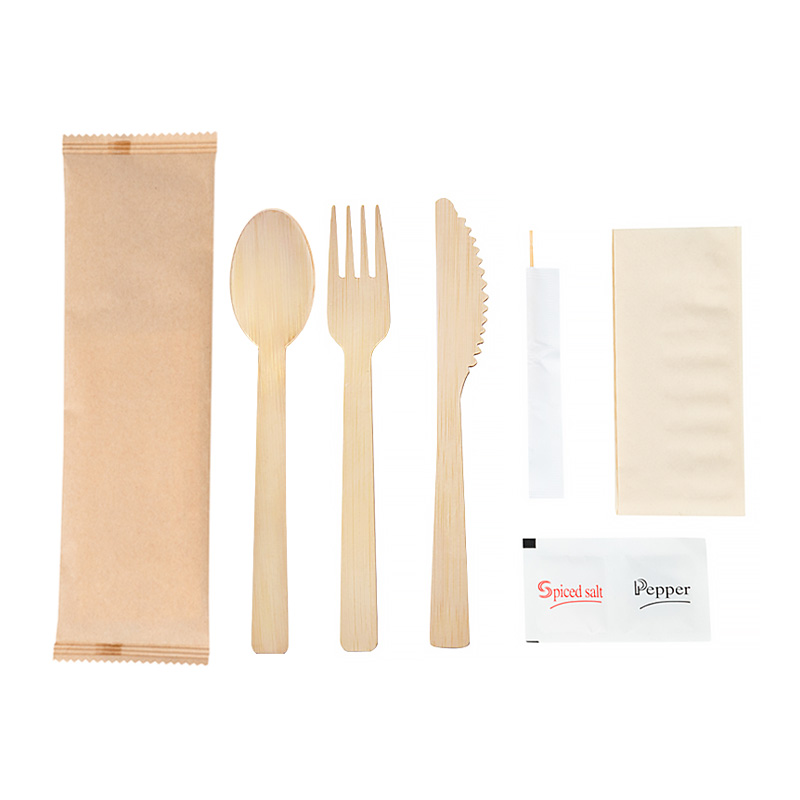 6 in 1 Wrapped Disposable Bamboo Cutlery Set