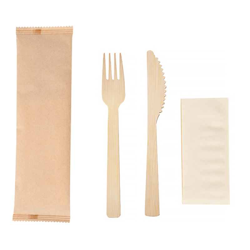 3 in 1 Wrapped Disposable Bamboo Knife Fork Napkin Set