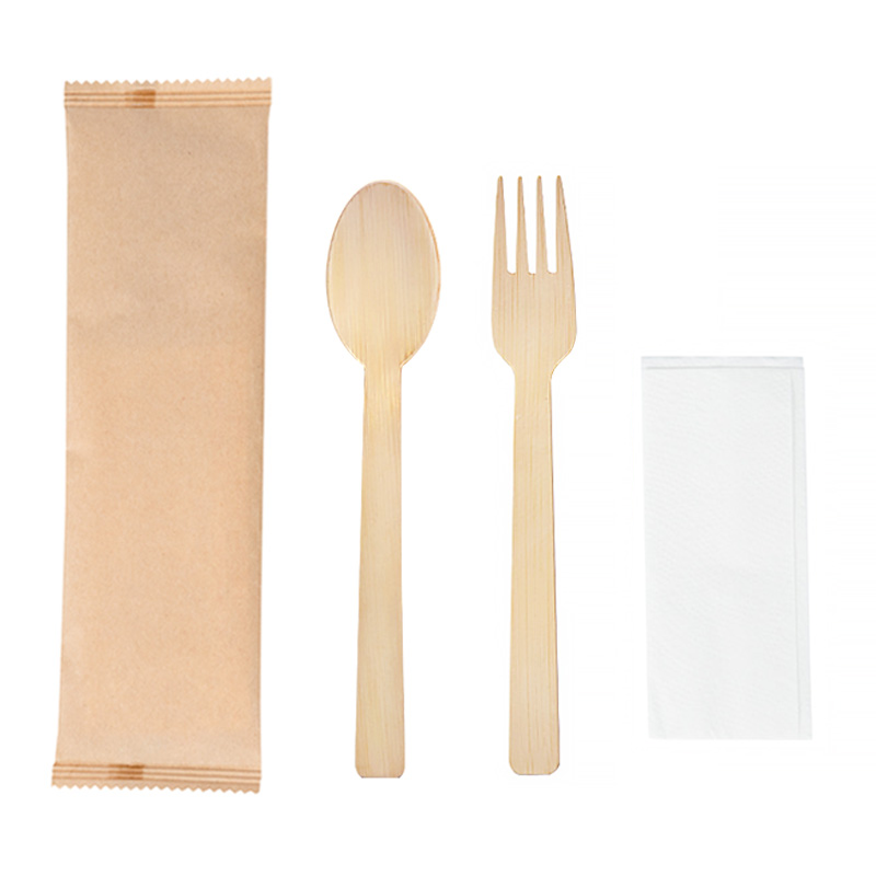 3 in 1 Wrapped Disposable Bamboo Spoon Fork Napkin Set