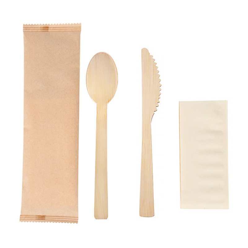 3 in 1 Wrapped Disposable Bamboo Spoon Knife Napkin Set
