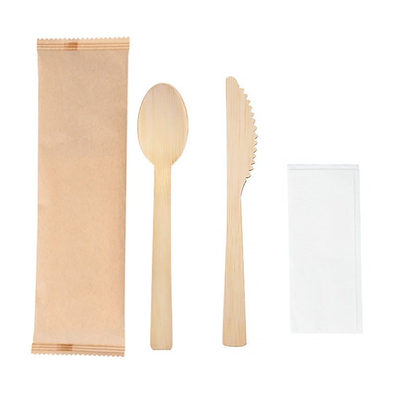 3 in 1 Wrapped Disposable Bamboo Spoon Knife Napkin Set