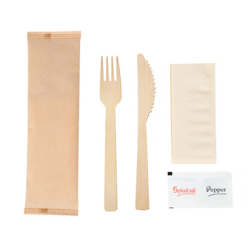 5 in 1 Bamboo Cutlery Set (knife + fork + salt + pepper + napkin)