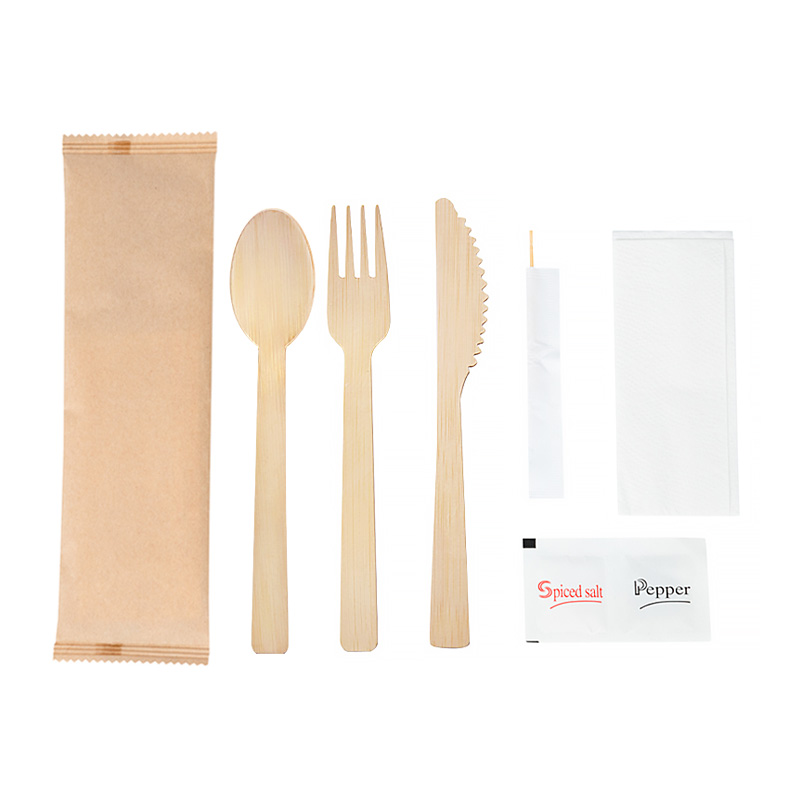 6 in 1 Wrapped Disposable Bamboo Cutlery Set