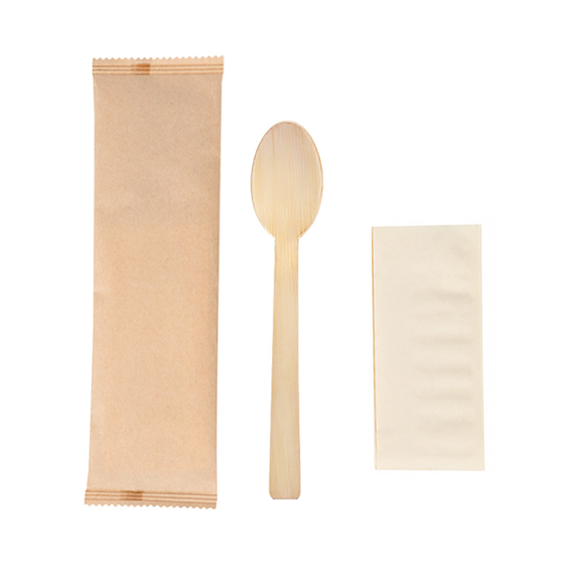 2 in 1 Wrapped Disposable Bamboo Spoon and Napkin Set