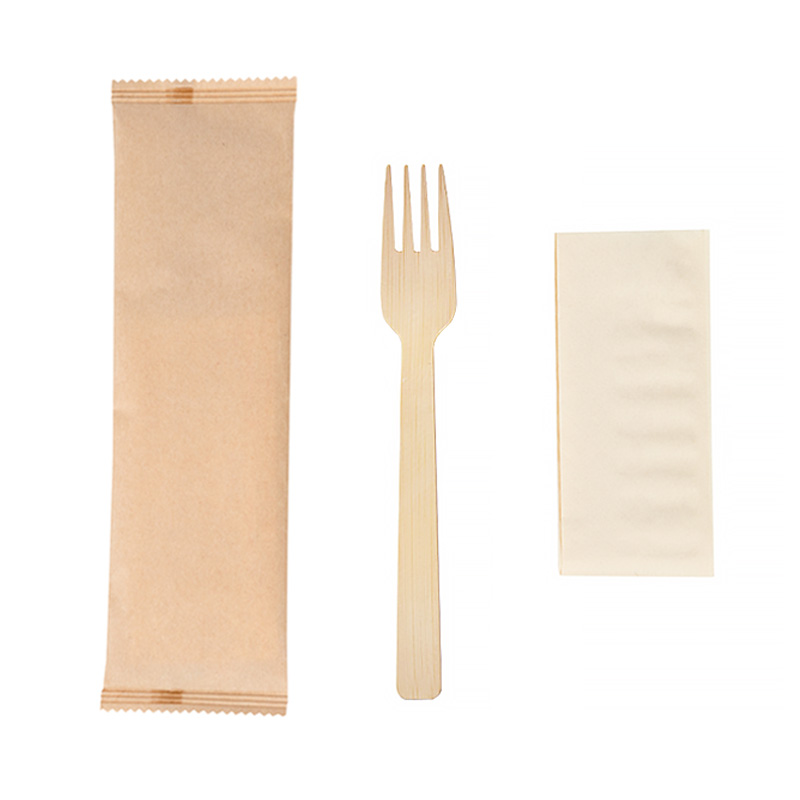 2 in 1 Wrapped Disposable Bamboo Fork and Napkin Set