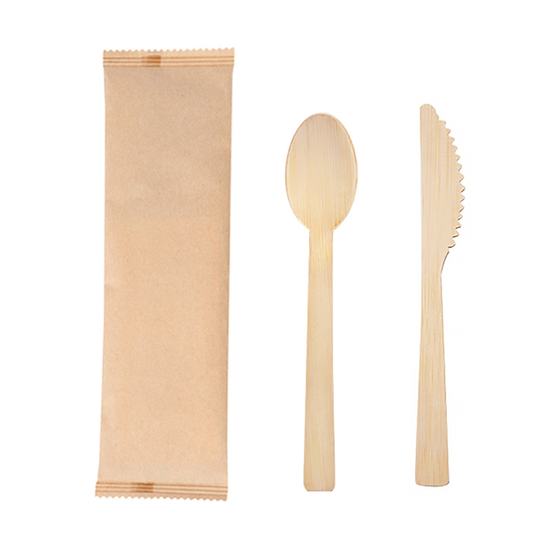 2 in 1 Wrapped Disposable Bamboo Spoon and Knife Set