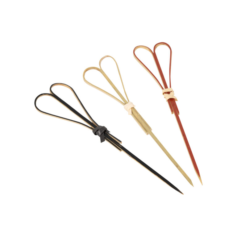 Knotted bamboo skewers with looped tops in natural, brown and black finishes