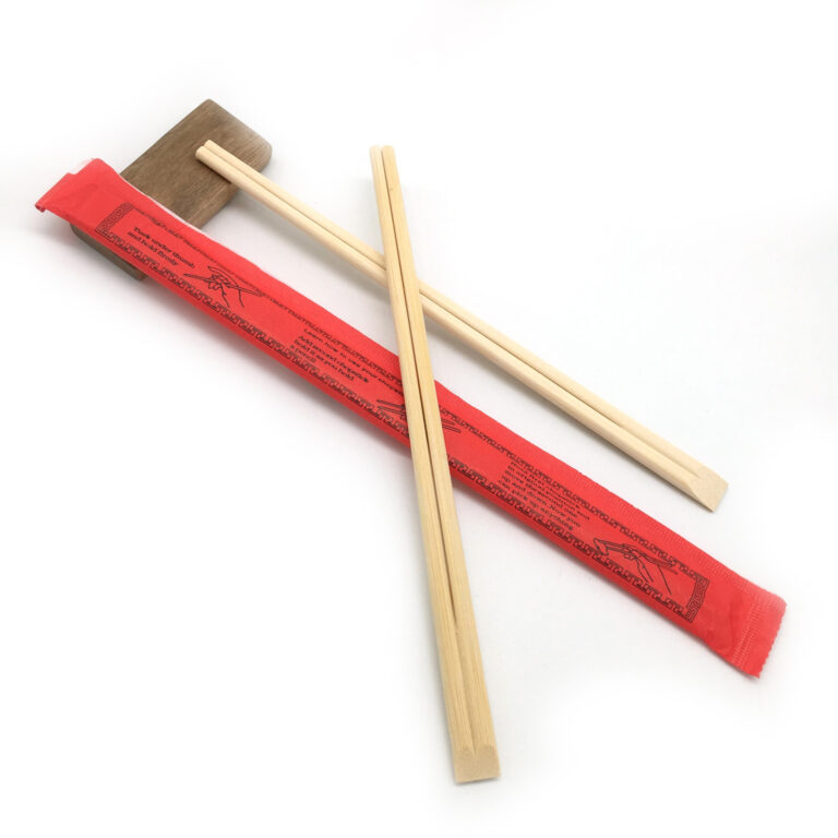 Tensoge bamboo chopsticks with a diagonally cut top end, shown beside a printed red paper sleeve