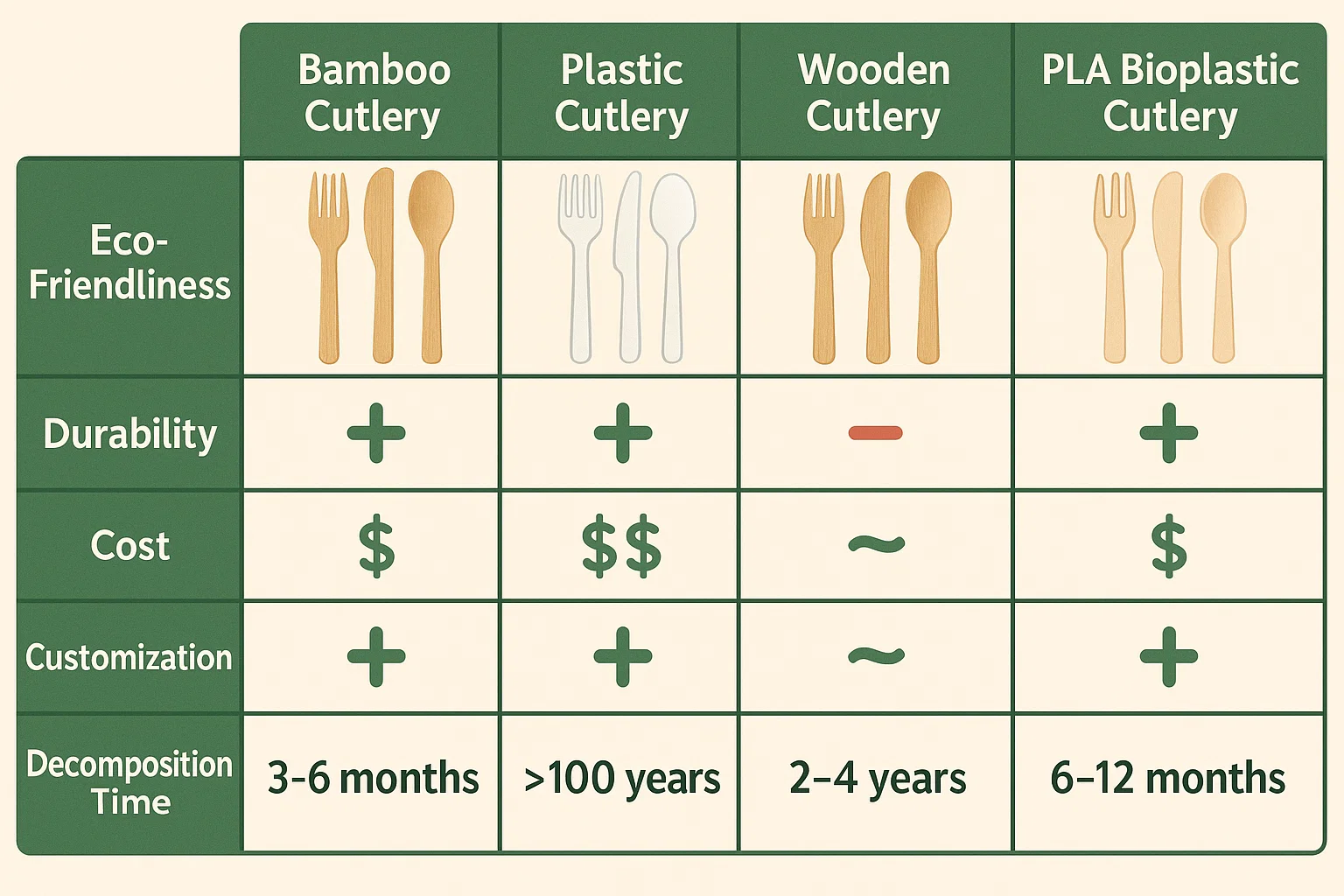 Comparison-chart-showing-eco-friendly-disposable-bamboo-cutlery-versus-plastic-and-wooden-utensils-highlighting-biodegradability-and-durability