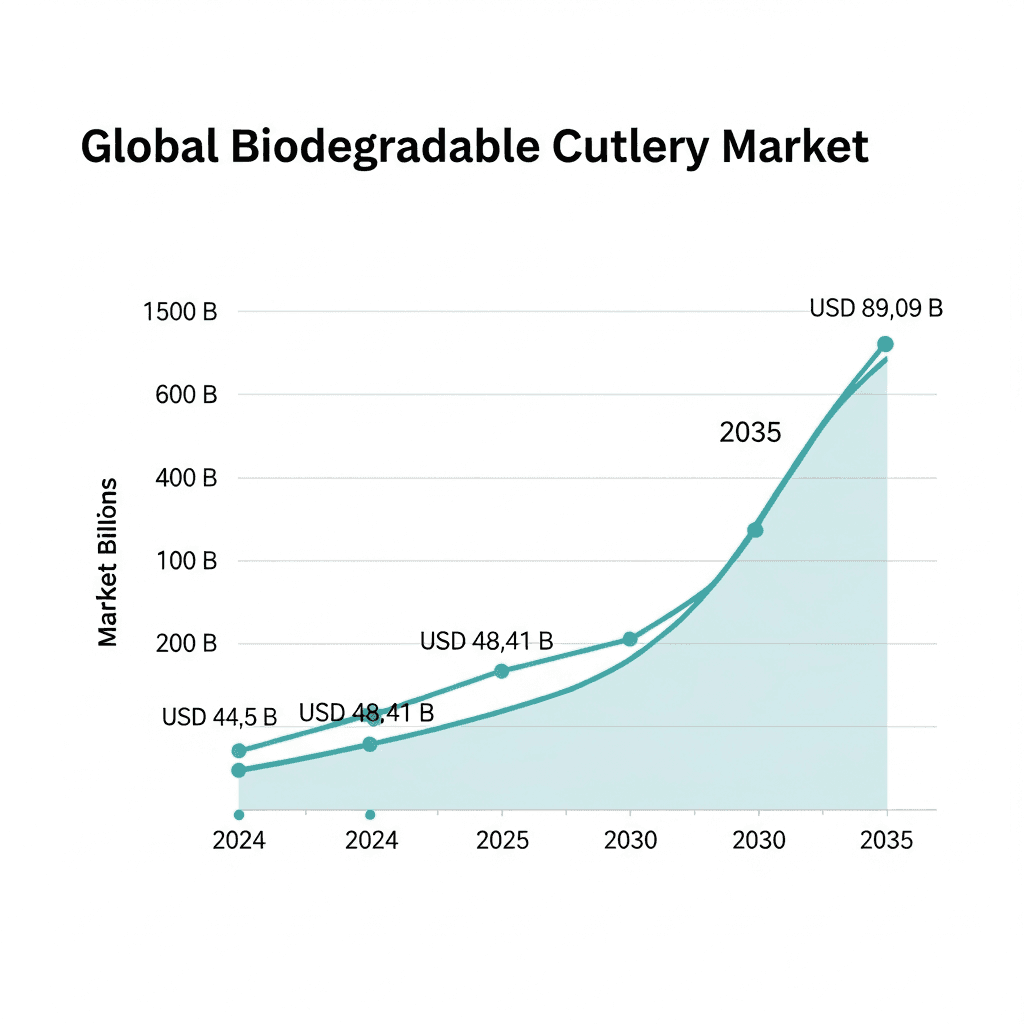 Line chart showing the global biodegradable cutlery market size growing from about USD 44.5 billion in 2024 to nearly USD 89 billion by 2034–2035