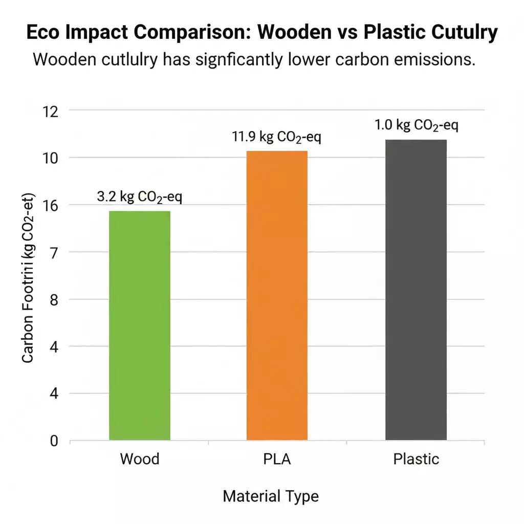 Bar chart comparing carbon footprint of wooden cutlery (~3.2 kg CO₂ per 1000 pieces) versus PLA (~11.9 kg) and plastic (~12 kg)