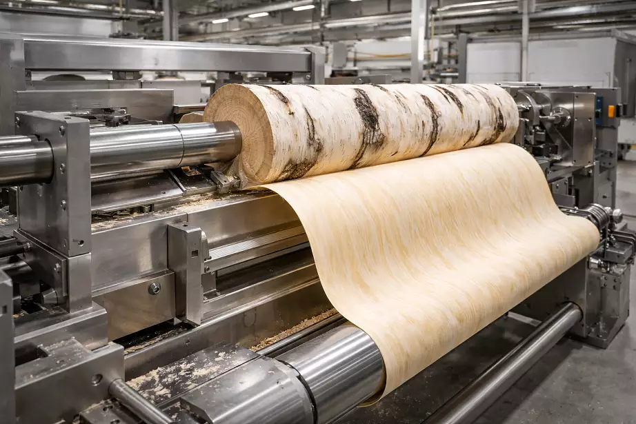 Rotary peeling process used to manufacture disposable birchwood cutlery at EcoWareTech factory