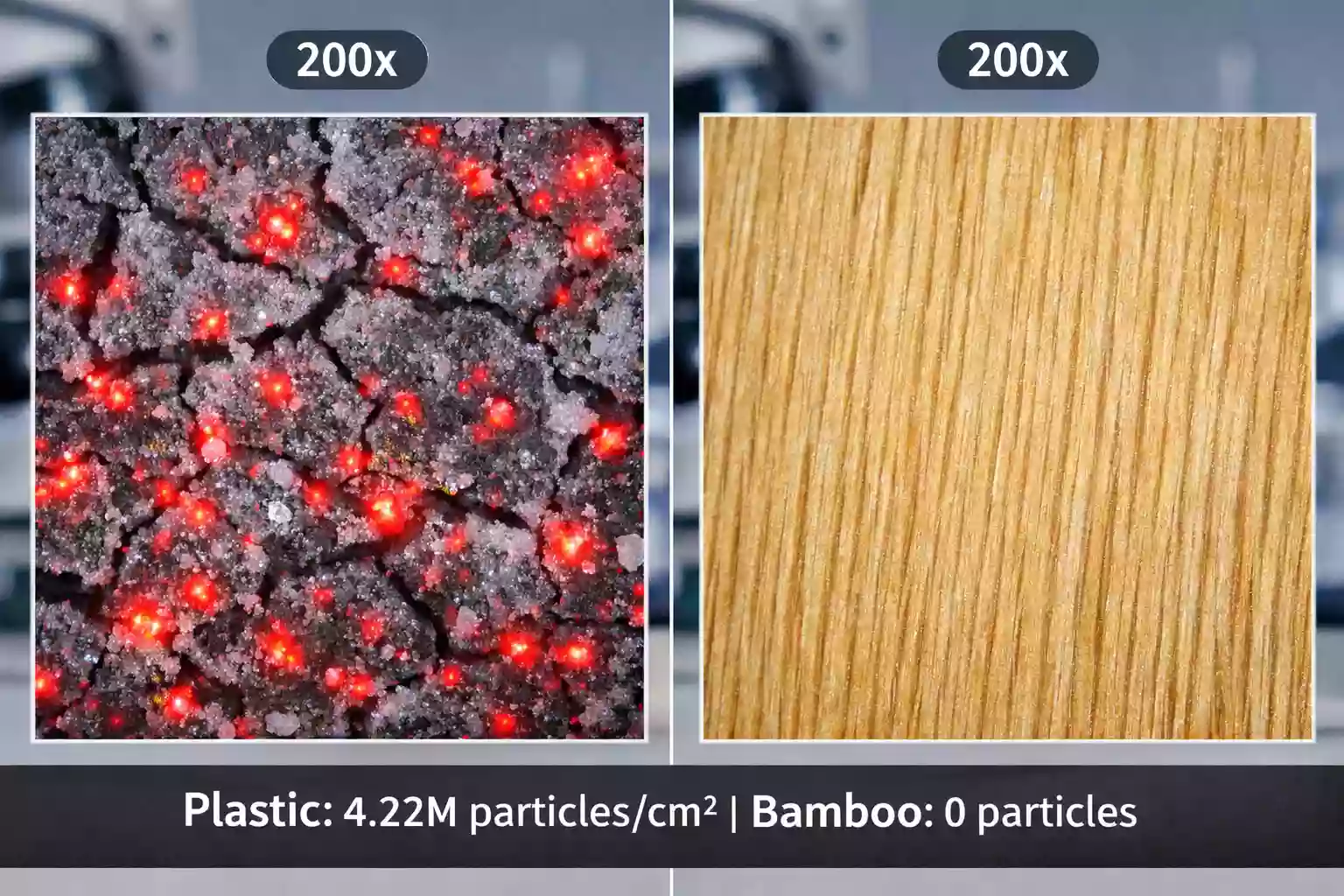 Microplastics comparison between plastic and bamboo cutlery under 200x microscope - bamboo shows zero particle shedding while plastic releases 4.22 million microplastics per square centimeter