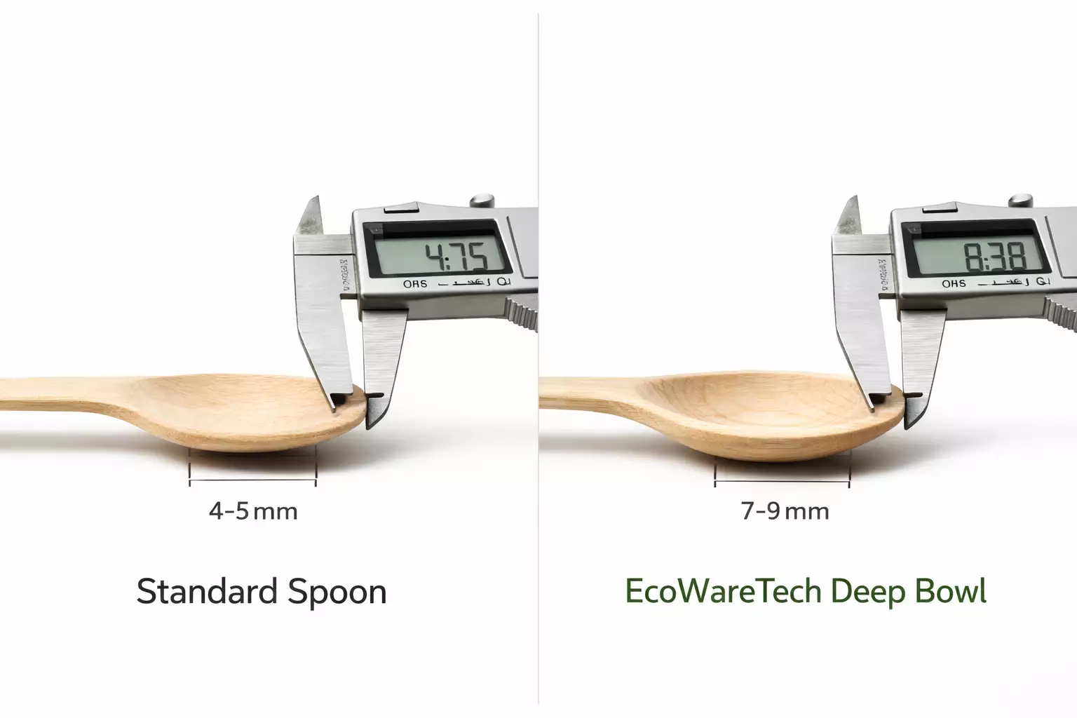 Comparison of standard flat wooden spoon and EcoWareTech deep bowl wooden spoon showing depth difference