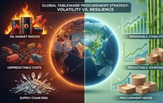 Strategic-B2B-infographic-comparing-the-supply-chain-volatility-of-petroleum-based-plastic-cutlery-against-the-procurement-resilience-of-disposable-bamboo-and-wooden-tableware-amid-global-market