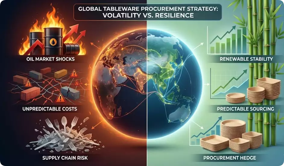 Strategic-B2B-infographic-comparing-the-supply-chain-volatility-of-petroleum-based-plastic-cutlery-against-the-procurement-resilience-of-disposable-bamboo-and-wooden-tableware-amid-global-market