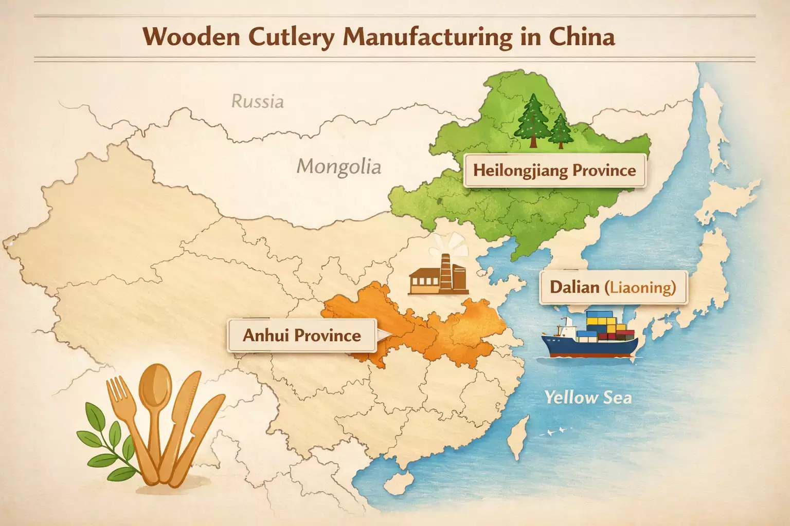 Map-of-China-highlighting-key-wooden-cutlery-production-regions-Anhui-Heilongjiang-and-Dalian