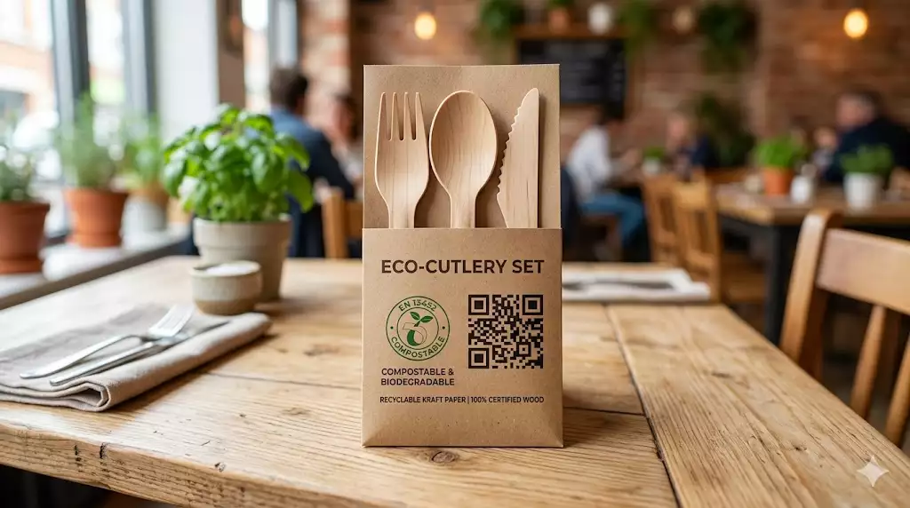 PPWR-compliant-kraft-paper-packaging-for-disposable-wooden-cutlery-sets-with-QR-code