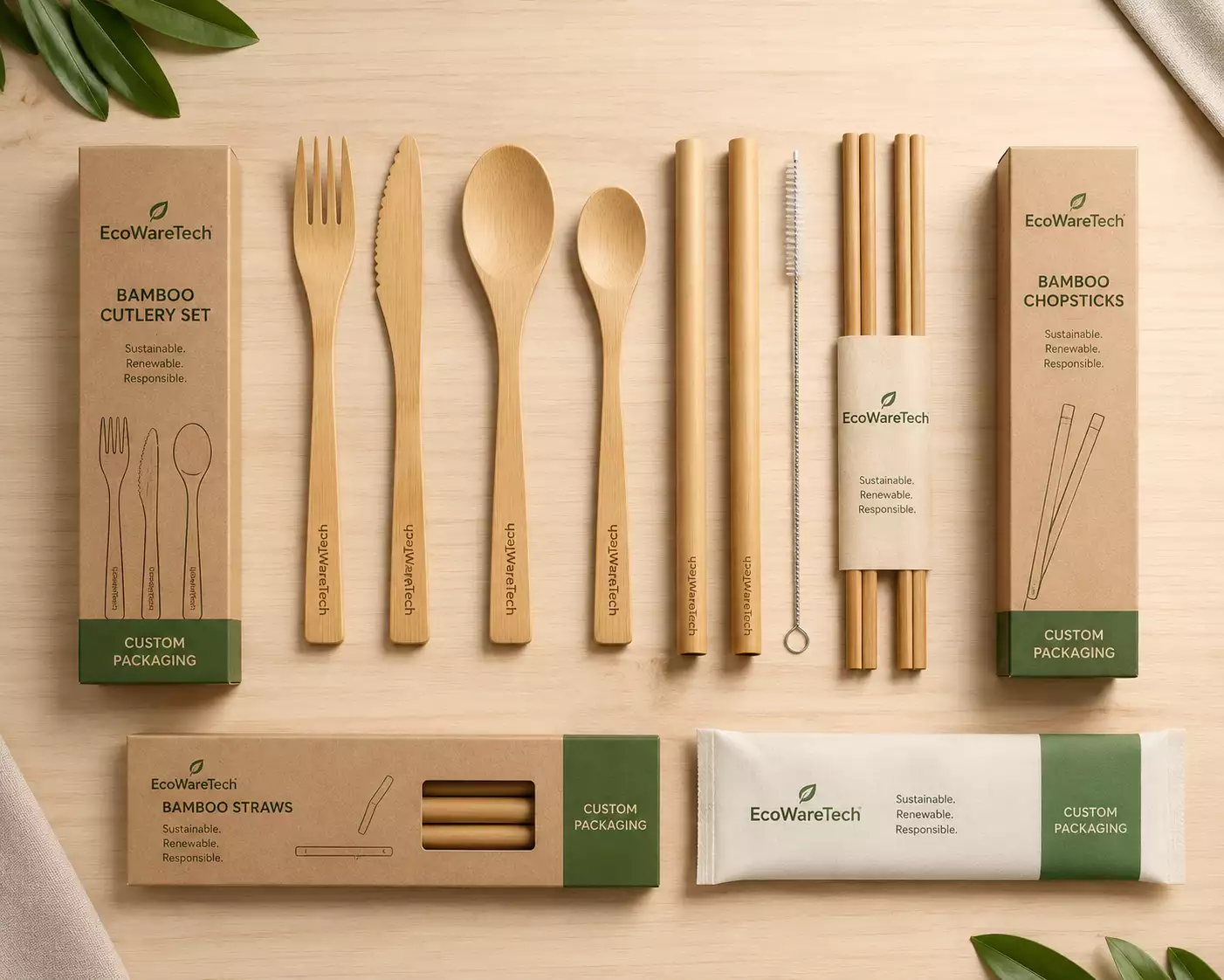 EcoWareTech-bamboo-cutlery-product-range-including-forks-spoons-straws-and-custom-packaging-options-for-B2B-buyers