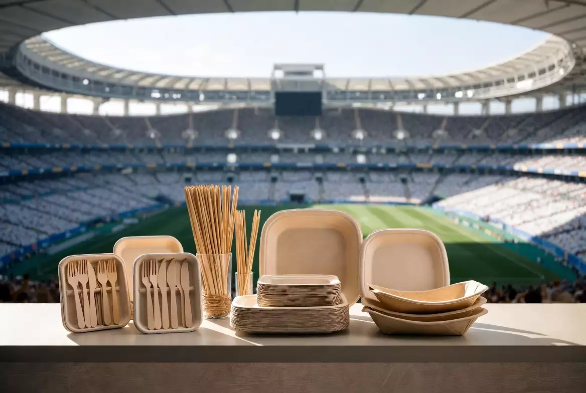 Sustainable-tableware-B2B-sourcing-guide-cover-featuring-compostable-cutlery-and-bagasse-plates-for-the-2026-World-Cup