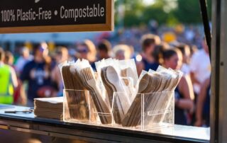 Wrapped-birchwood-disposable-cutlery-sets-fork-knife-spoon-napkin-in-self-service-caddy-at-EcoWareTech-food-truck-window-during-World-Cup-fan-zone-event-100-plastic-free-compostable-tableware