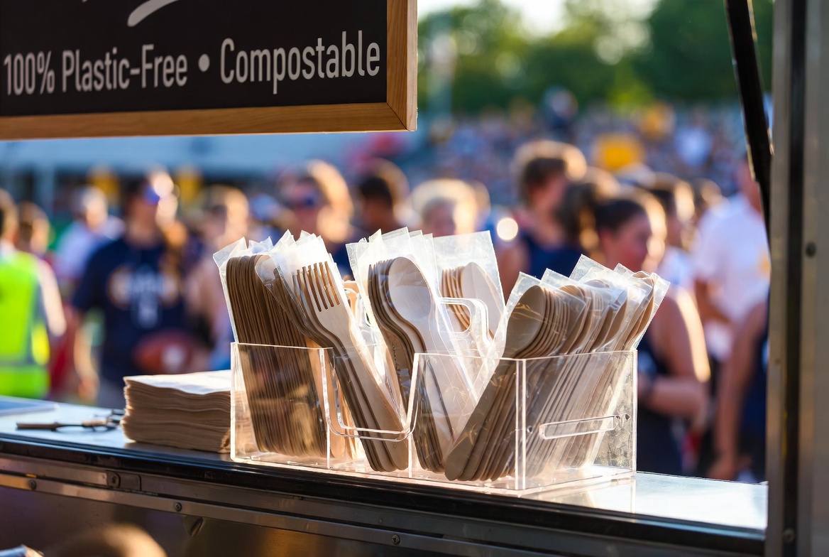 Wrapped-birchwood-disposable-cutlery-sets-fork-knife-spoon-napkin-in-self-service-caddy-at-EcoWareTech-food-truck-window-during-World-Cup-fan-zone-event-100-plastic-free-compostable-tableware