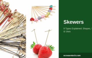 Assorted bamboo skewers and picks with looped, knotted and plain tops, plus fruit picks in strawberries