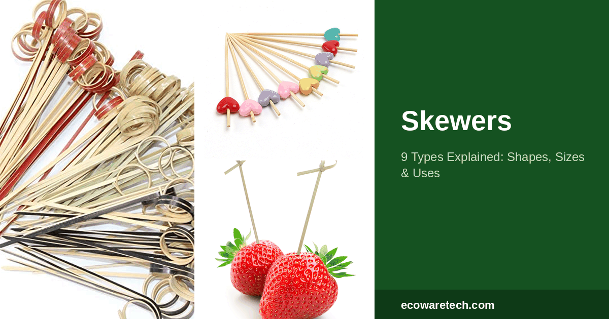 Assorted bamboo skewers and picks with looped, knotted and plain tops, plus fruit picks in strawberries