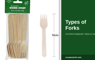 Disposable wooden fork shown at 16cm next to its retail packaging