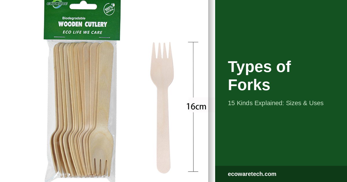 Disposable wooden fork shown at 16cm next to its retail packaging