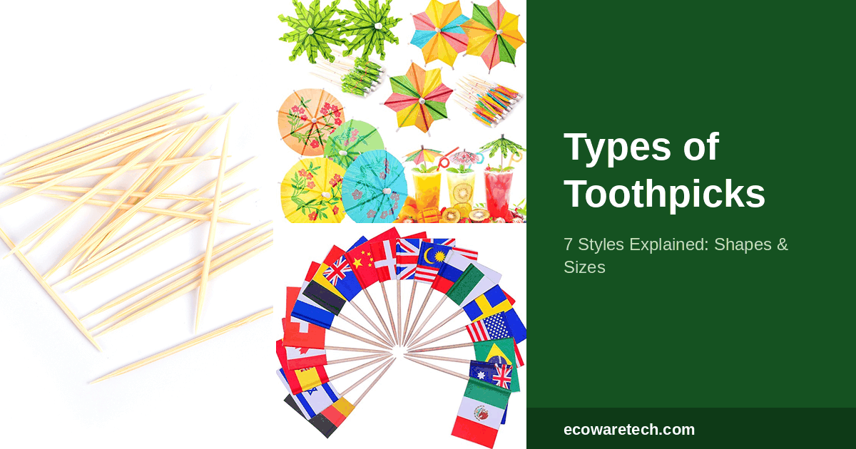 Loose bamboo toothpicks alongside colorful parasol picks and a flag-decorated toothpick fan