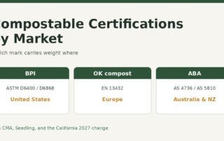 Compostable certification marks BPI, OK compost and ABA shown with their test standards and markets
