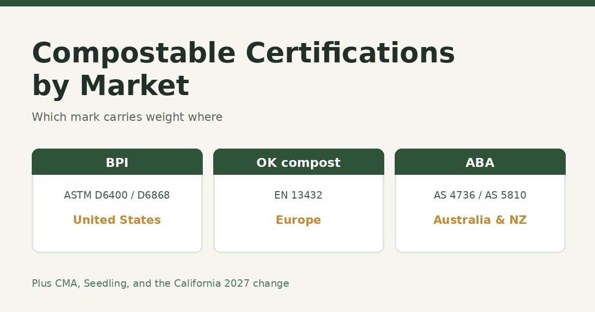 Compostable certification marks BPI, OK compost and ABA shown with their test standards and markets
