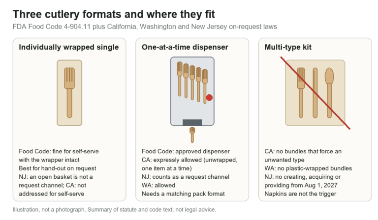 Illustration comparing three cutlery formats: an individually wrapped single fork, bulk forks loaded into a one-at-a-time dispenser, and a wrapped fork, knife and spoon kit, with notes on where each format meets the rules