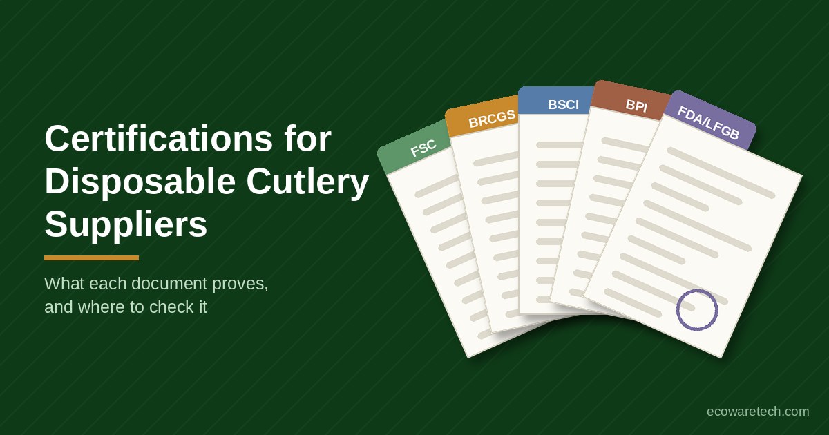 Fanned supplier documents tabbed FSC, BRCGS, BSCI, BPI and FDA/LFGB