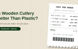 Receipt-style graphic itemising unit price, freight and storage, sets per order and complaints into a cost per order for wooden versus plastic cutlery