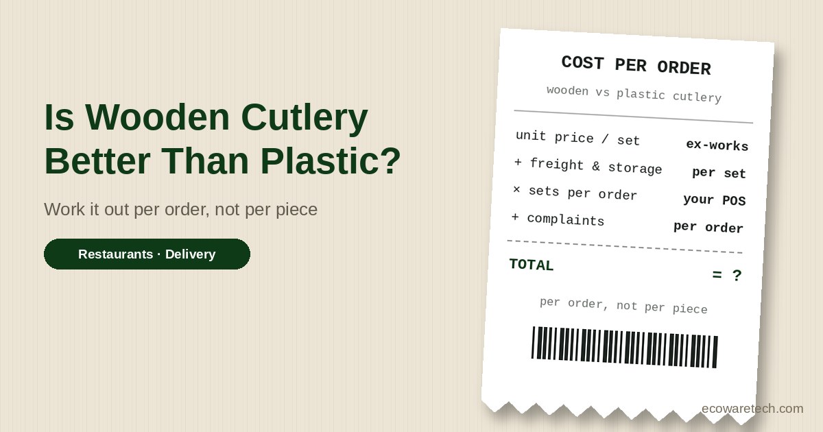 Receipt-style graphic itemising unit price, freight and storage, sets per order and complaints into a cost per order for wooden versus plastic cutlery