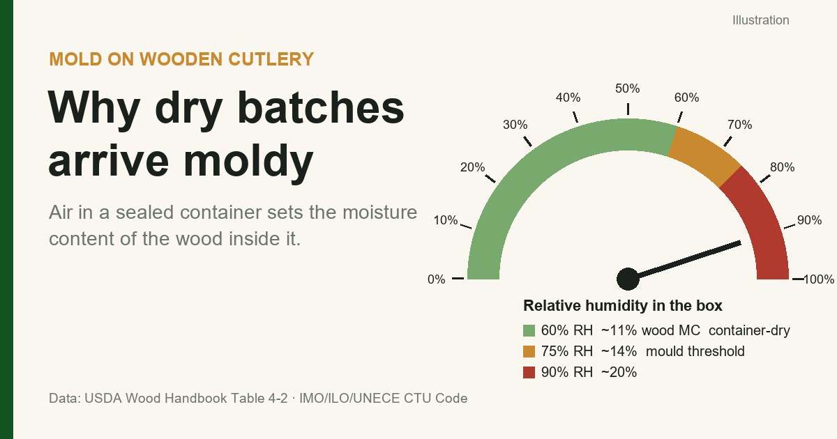 Illustrated humidity gauge marking 60% relative humidity as container-dry (about 11% wood moisture), 75% as the mould threshold (about 14%) and 90% (about 20%)