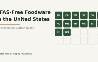 Grid of the fourteen US states with enacted PFAS food packaging restrictions