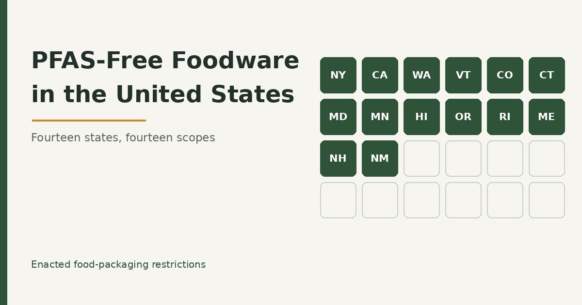 Grid of the fourteen US states with enacted PFAS food packaging restrictions