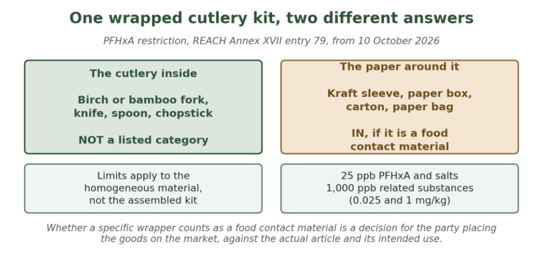 Diagram contrasting wooden and bamboo cutlery, not a listed PFHxA category, with paper packaging in scope from 10 October 2026