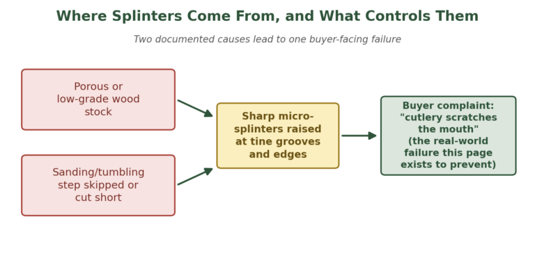 Diagram showing two causes of wood cutlery splinters and the resulting buyer complaint