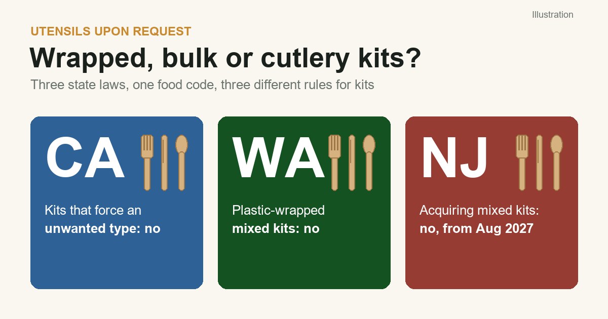 Illustration with three panels for California, Washington and New Jersey summarising how each state treats multi-type cutlery kits