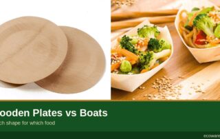 Wooden plates and food boats side by side, comparing shapes for dry vs sauced food