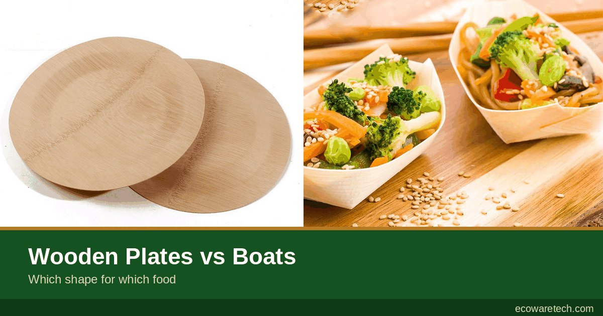 Wooden plates and food boats side by side, comparing shapes for dry vs sauced food
