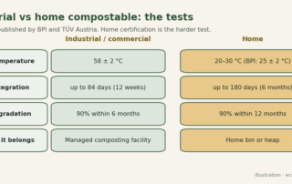 Comparison of industrial and home compostability tests: industrial at 58 °C with disintegration up to 84 days and 90% biodegradation within 6 months; home at 20 to 30 °C with disintegration up to 6 months and 90% biodegradation within 12 months