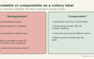 Two-column comparison of biodegradable and compostable claims: biodegradable has no timeframe, no standard and is restricted on labels in several markets; compostable has a defined test, a certificate and market-specific wording rules