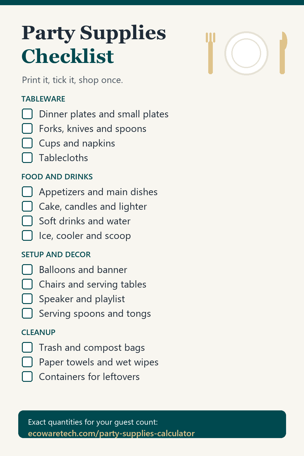 Printable party supplies checklist for a birthday or graduation party: tableware, food and drinks, setup and decor, cleanup